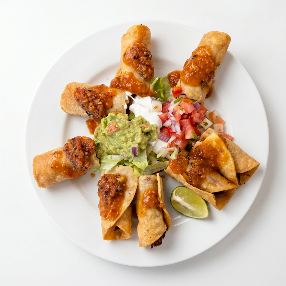Crispy taquitos topped with salsa, guacamole, sour cream, pico de gallo, and a lime wedge.