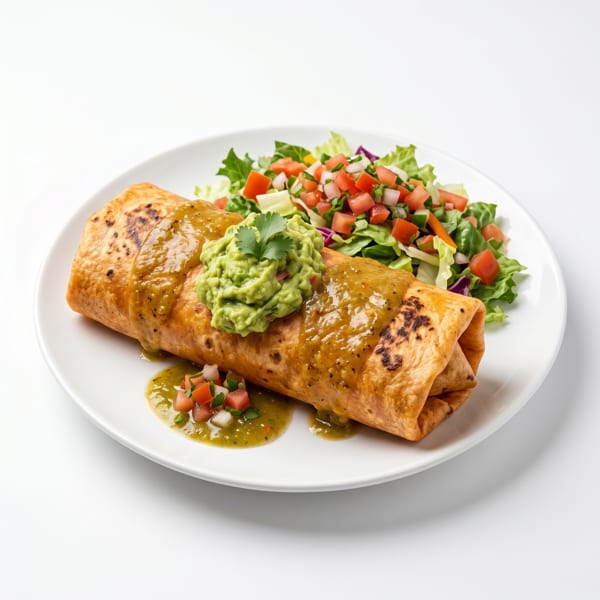 A large burrito topped with green salsa and guacamole, served with a side salad.